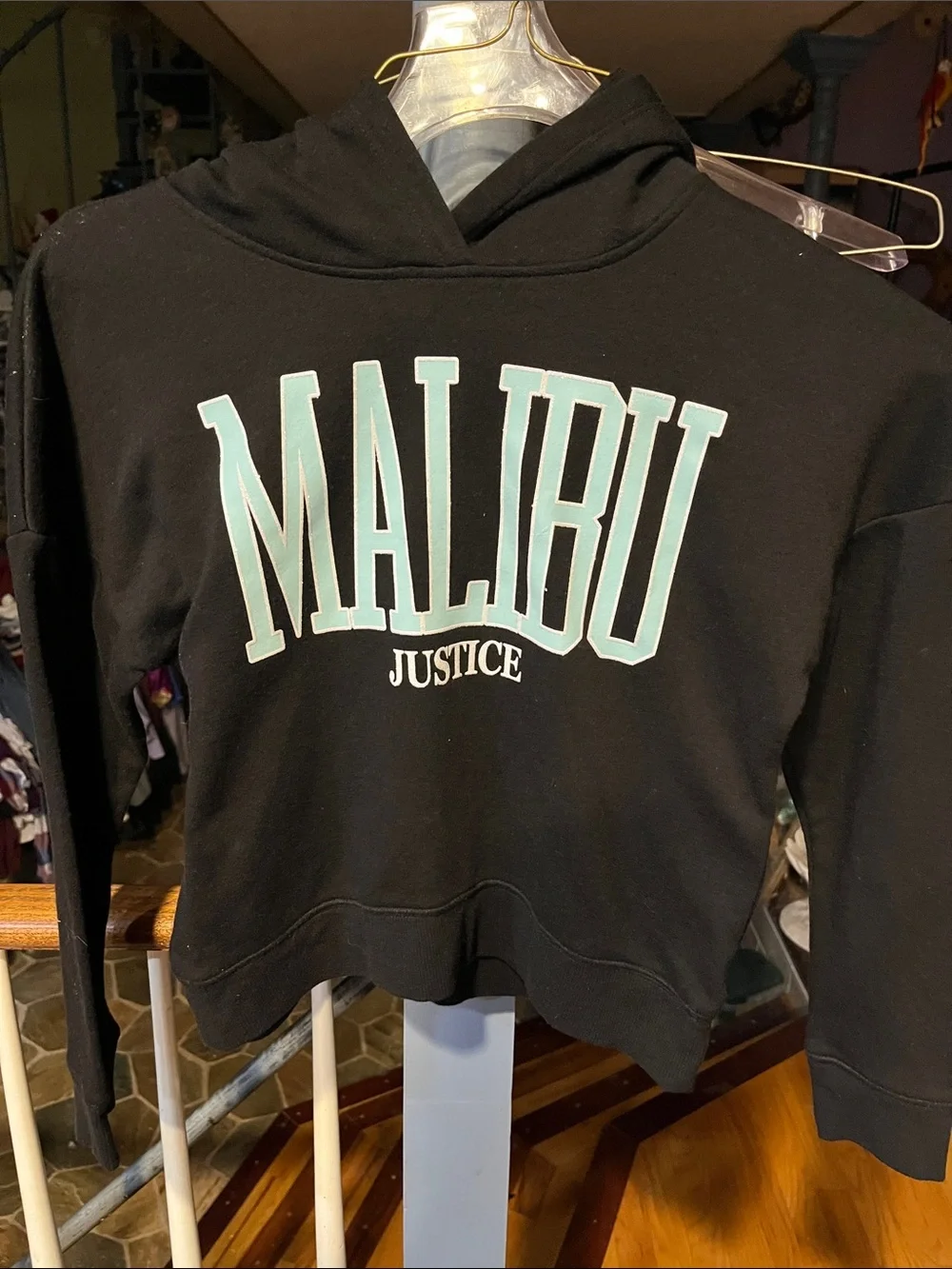 Justice Black Hoodie with Teal Malibu Graphic